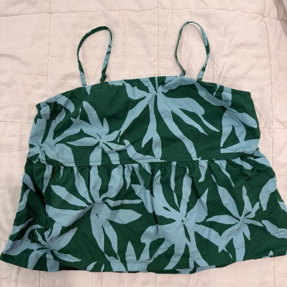Women's Cotton Blue and Green Tropical Print Tank Top, Size Medium